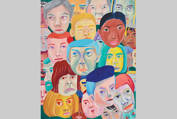 A colorful painting of many different faces.