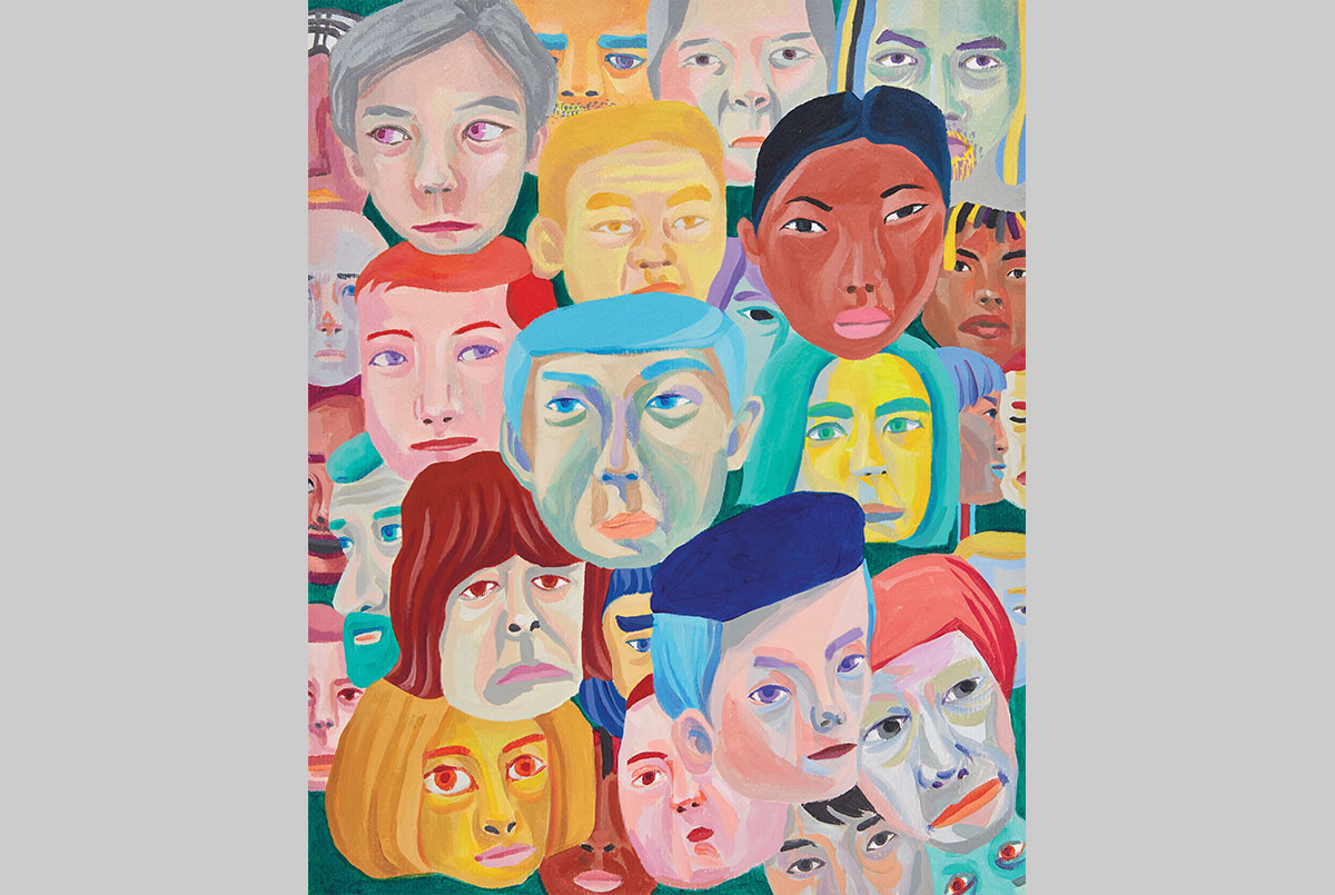 A colorful painting of many different faces.
