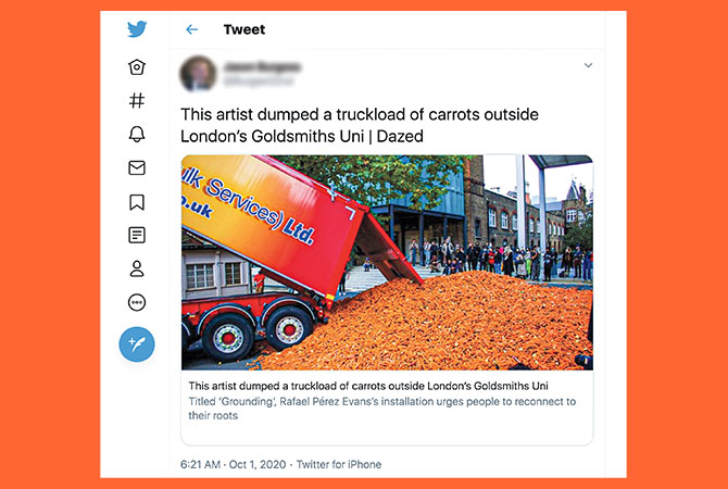 Enlargeable image of a tweet about an artist dumping a truckload of carrots