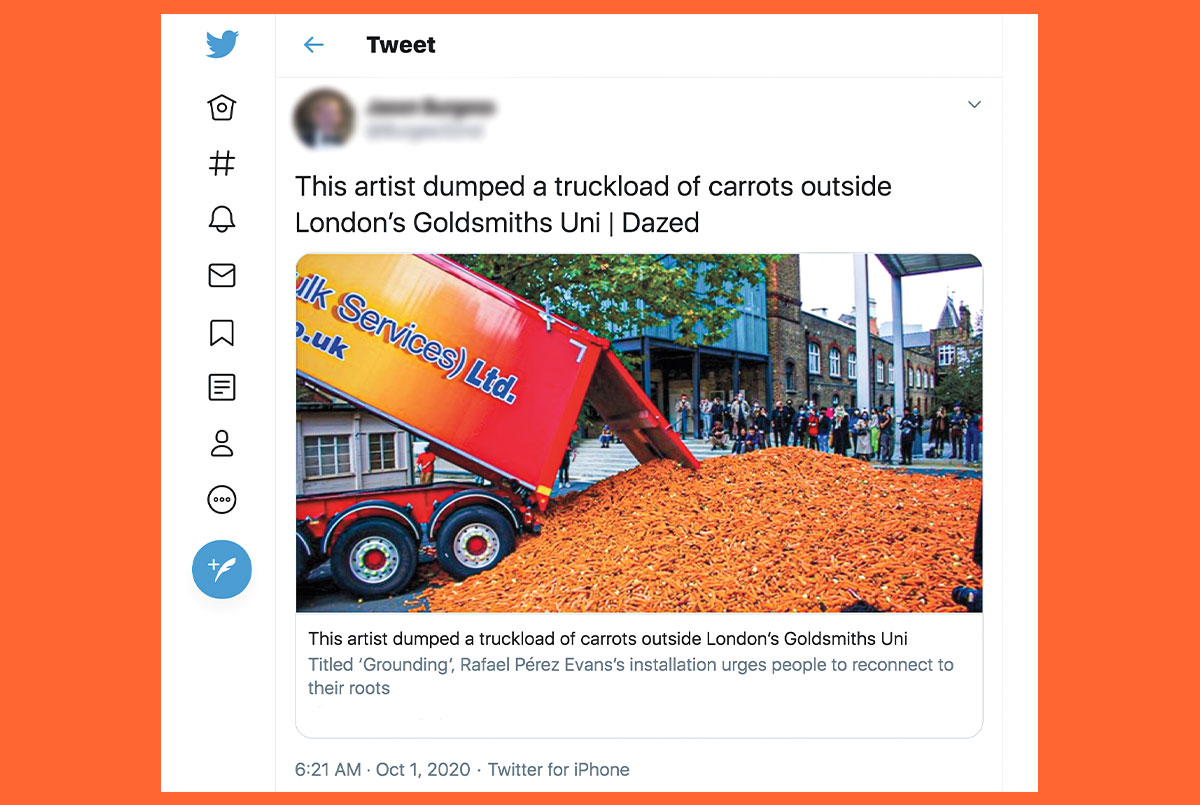 Image of a tweet about an artist dumping a truckload of carrots