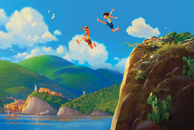 Enlargeable colorful illustration of two boys jumping off a cliff into water
