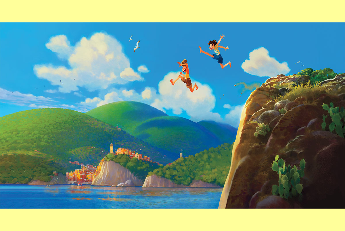 Colorful illustration of two boys jumping off a cliff into water