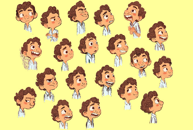 Enlargeable sketches of Luca with different facial expressions
