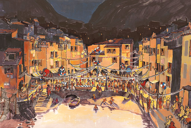 Enlargeable cartoon illustration of Riomaggiore, Italy