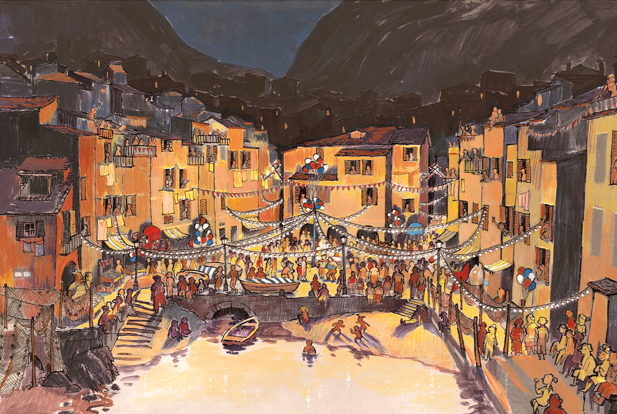 Cartoon illustration of Riomaggiore, Italy
