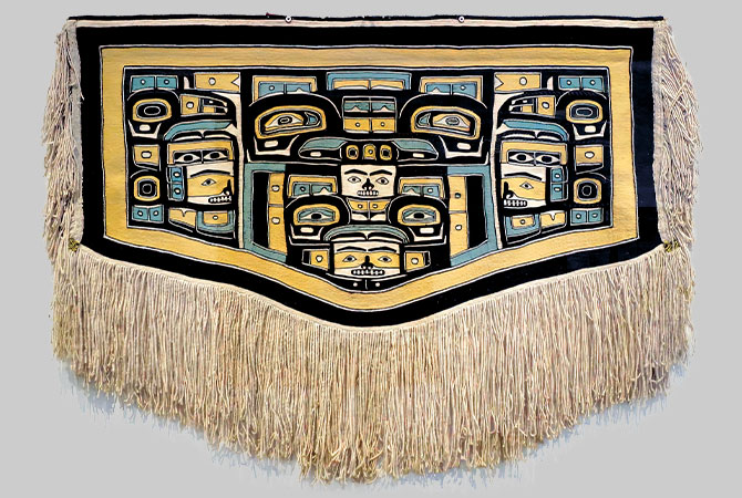 Enlargeable photo of a woven robe with blue, yellow, and black patterns