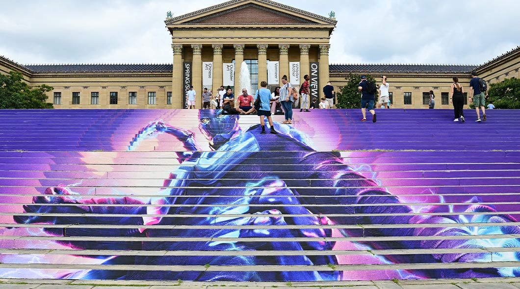 Photo showing a mural of Black Panther on the steps of the Philadelphia Art Museum