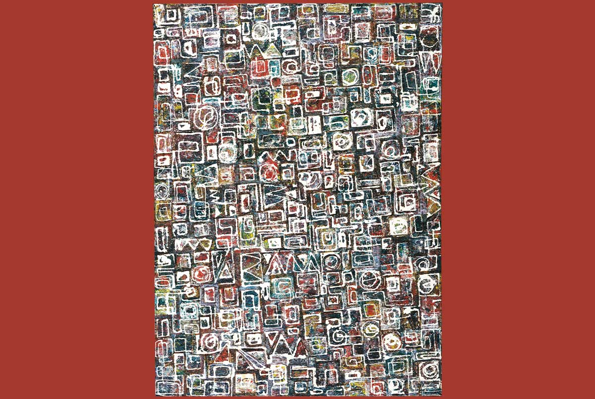 Image of a painting made out of triangles, squares, and circles
