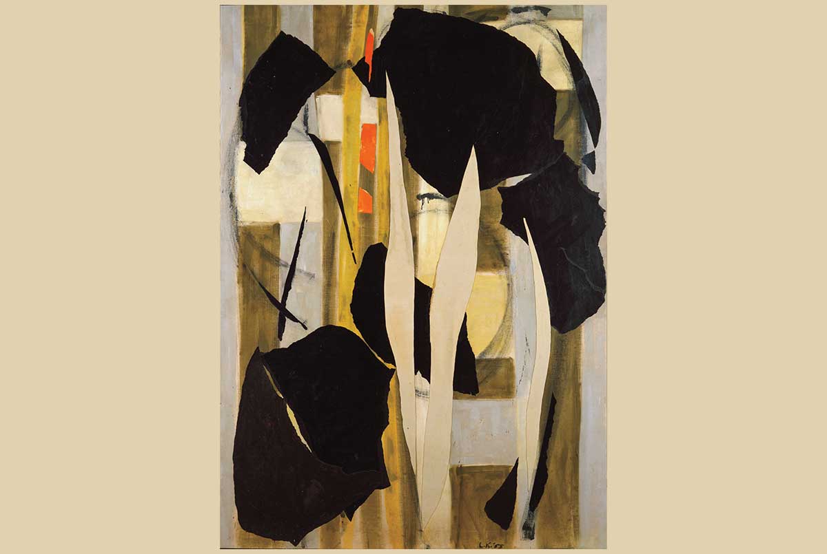 Image of a mostly black & white painting including a variety of shapes