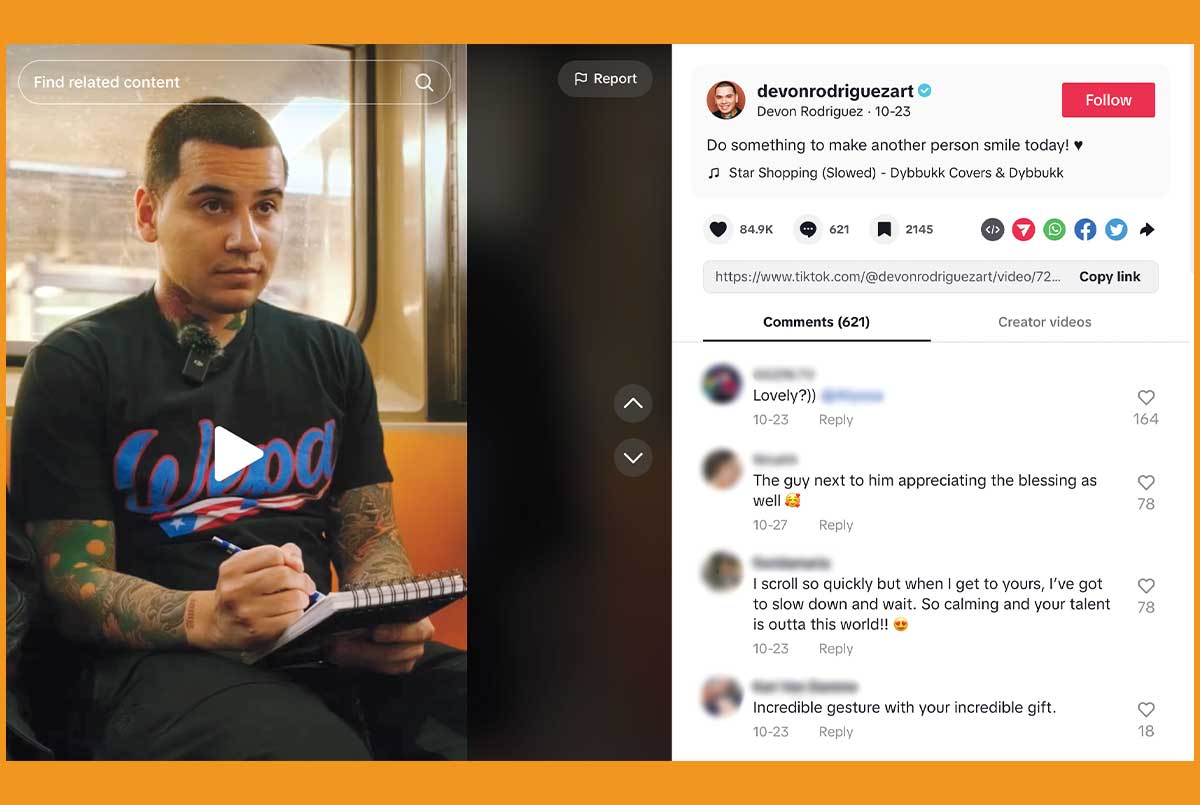 Photo of a post made by a famous Instagram artist with them creating sketches on subway