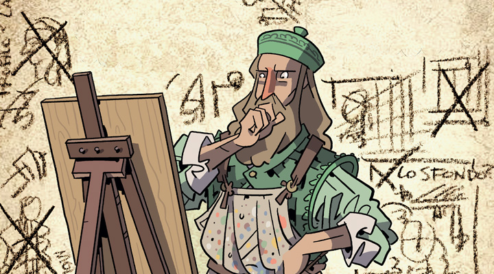 Illustration of Leonardo da Vinci staring at painting in contemplation